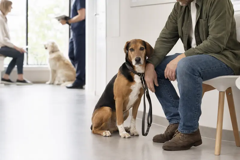 Ein Halden-Stövare Hund sitzt ruhig neben seinem Besitzer im hellen Wartezimmer einer modernen Tierarztpraxis.